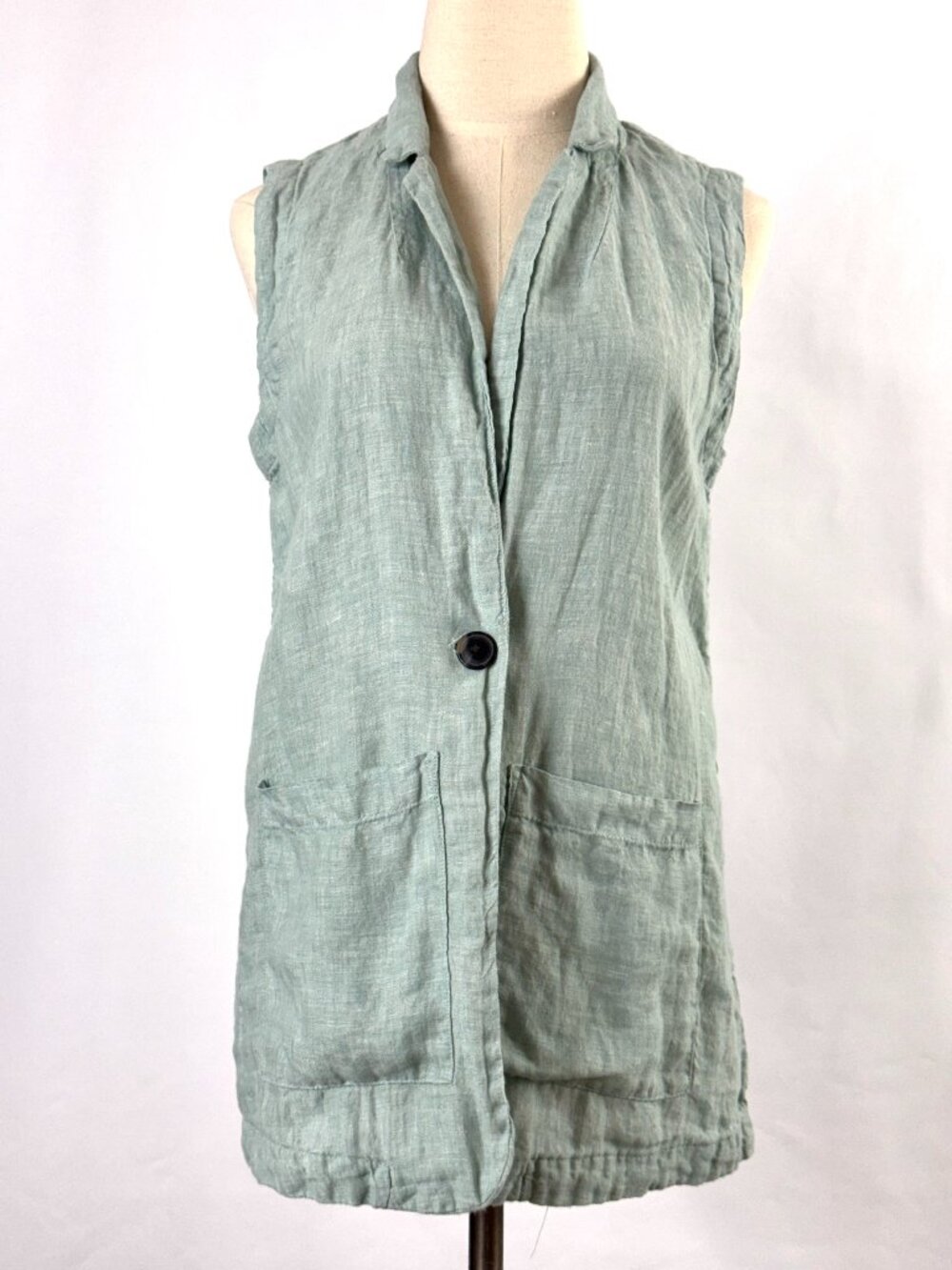 Tahari 100% Linen Vest Waistcoat Pastel Sage Green Lagenlook Coastal Minimalist